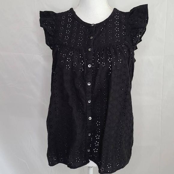 Madewell Tops - Madewell Eyelet Stripe Ruffle Sleeveless Button Down Top sz M Black